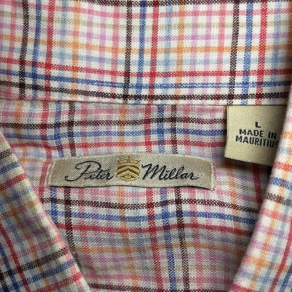 Peter Millar Men's Plaid Button Front Shirt Short Sleeve Linen Pink Size Large - Picture 8 of 9